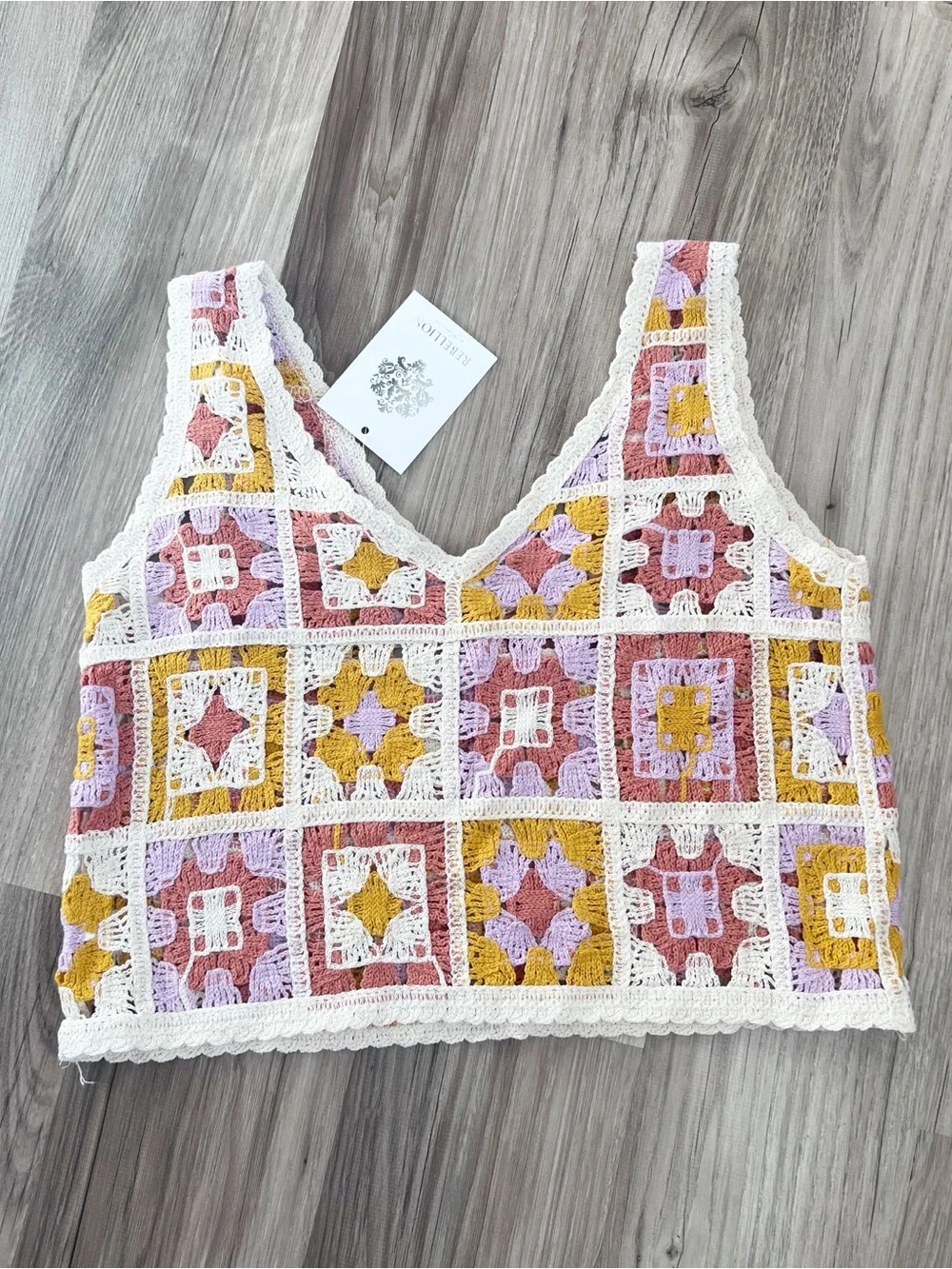 NEW Rebellion Crochet Patchwork Boho Granny Square Crochet Tank Top Size XS - Picture 8 of 8